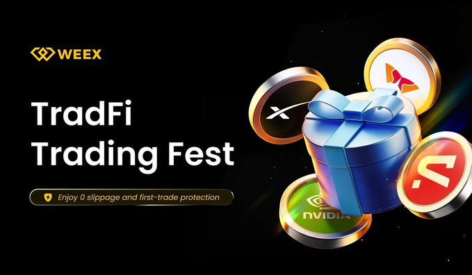 A WEEX promotional banner for a 'TradFi Trading Fest' features a blue gift box surrounded by gold coins bearing crypto logos like XRP and NVDA, advertising '0 slippage and first-trade protection'.