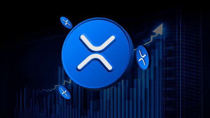 A blue XRP cryptocurrency logo with an X symbol floats above a bar chart with an upward trending arrow.