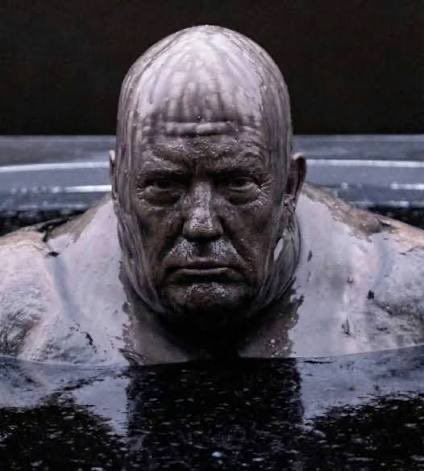 Sculpture or art installation of a bald man's head and shoulders emerging from dark water, with wet hair plastered against his face.