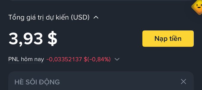 Binance app showing estimated total value 'Tổng giá trị dự kiến (USD)' of 3,93 $ with PNL hôm nay -0,03352137 $ (-0,84%), and a yellow 'Nạp tiền' (deposit) button.