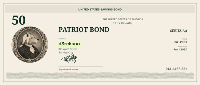 A stylized "Patriot Bond" certificate displaying a $50 United States Savings Bond in the name of "d3rekson" (321 Woof Street, Barkley City), issued Jan 1 2000 and maturing Jan 1 2030, series AA with a portrait of a dog dressed in colonial attire. The image playfully ties into the post's mention of "$JOHN" and the "John Dog" meme project, using the bond's dog imagery and "Barkley City" address to humorously reinforce the canine-themed crypto identity.