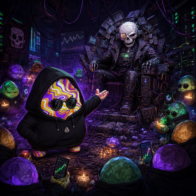 A hooded figure with a colorful swirled face and sunglasses presents crypto trading charts to a skeletal overlord enthroned among old computer monitors, surrounded by glowing crystal skulls, evoking the "rock bottom" despair of a worn-out crypto trader. The image's skull imagery and candlestick charts visually reinforce the post's theme of hitting a low point in the crypto world.