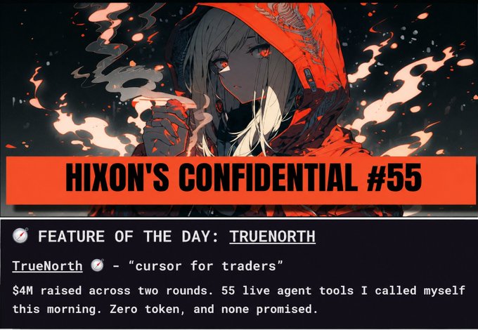 An announcement graphic titled 'HIXON'S CONFIDENTIAL #55' featuring an anime character with red flames, highlighting 'FEATURE OF THE DAY: TRUENORTH' described as a 'cursor for traders'.