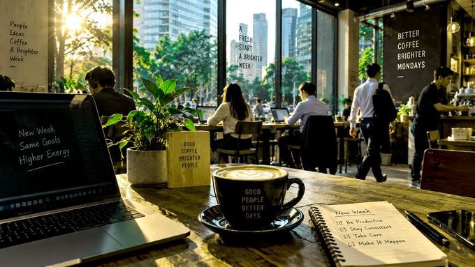 A coffee shop scene features a laptop and coffee cup on a table with motivational text including 'New Week Same Goals Higher Energy' and 'GOOD PEOPLE BETTER DAYS'.