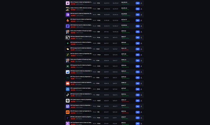 A dark-themed dashboard showing multiple token listings with red and green percentages, prices, and a search bar at the top.