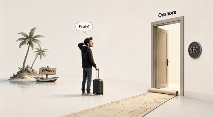 A young man with luggage stands between a tropical island labeled "Offshore" and a doorway marked "Onshore SEC," saying "Finally?"—visually capturing the limited binary choice that has long defined US crypto fundraising. The image illustrates the post's point about yesterday's SEC proposal of Regulation Crypto Assets, which finally offers founders a third, compliant path beyond simply choosing offshore or onshore funding.