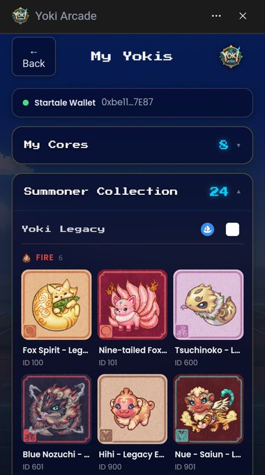 A mobile game interface for 'Yoki Arcade' displays a user's wallet and 'Summoner Collection' of 24 yokai characters, including Fire-type creatures like 'Fox Spirit', 'Nine-tailed Fox', and 'Tsuchinoko'.