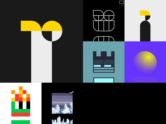 A collection of colorful geometric digital art pieces with minimalist designs featuring abstract shapes, a tower, a disco ball, and pixel art elements on a black background.