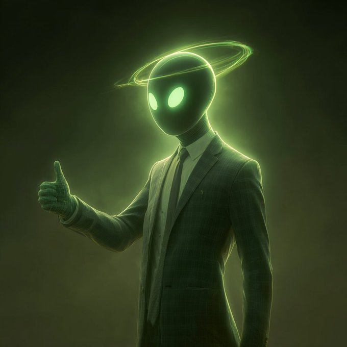 Digital artwork of a dark figure in a suit with glowing green eyes and a glowing green halo/ring above their head, giving a thumbs-up gesture.