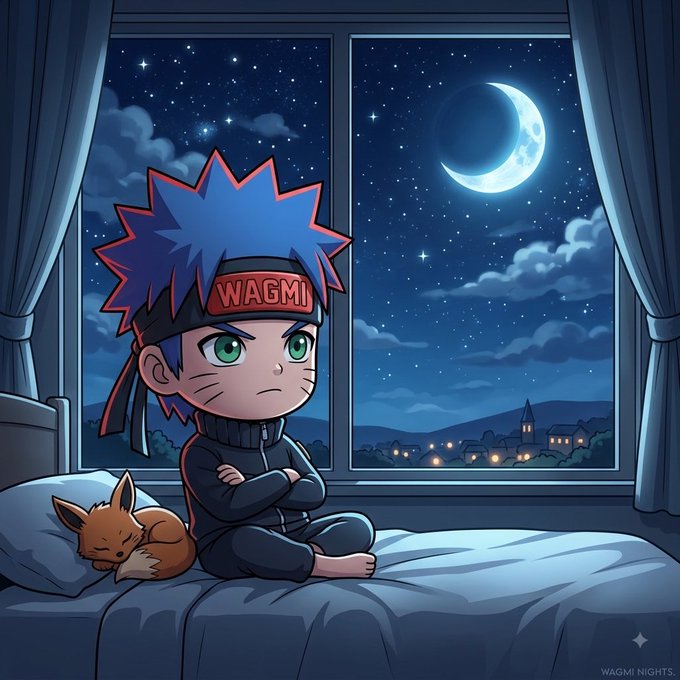 An anime-style illustration of a ninja-like character with blue spiky hair and a 'WAGMI' headband sitting on a bed with crossed arms at night, with a sleeping orange cat beside them.