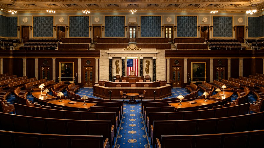 The image shows the empty chamber of the U.S. House of Representatives, featuring the speaker's rostrum flanked by the American flag and arranged desks under a chandelier-lit ceiling. It visually reinforces the post about a bipartisan group of 18 attorneys general urging Congress to reject the CLARITY Act, depicting the very legislative body being asked to act on the proposal that would affect SEC oversight of state securities rules.