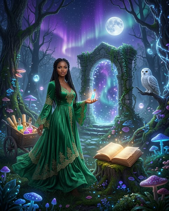 A fantasy digital illustration features a woman in an ornate green gown holding a glowing potion bottle in a magical forest setting, complete with a stone archway, northern lights, a white owl, mushrooms, and an open spellbook.