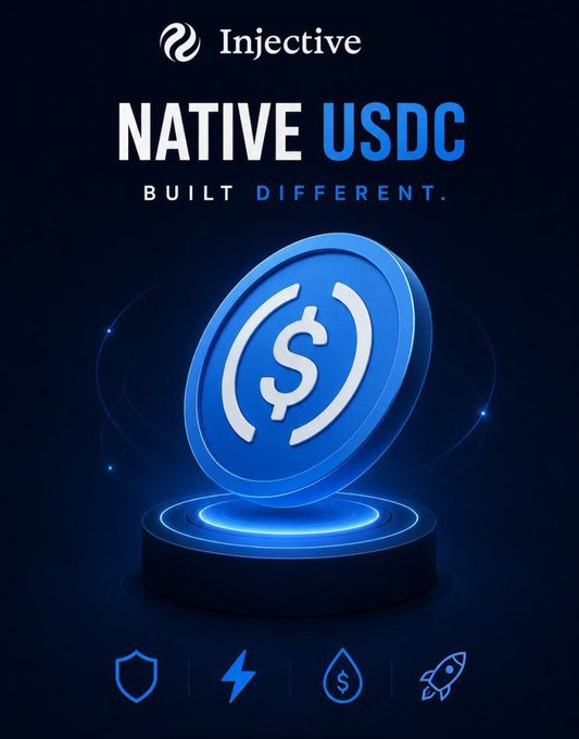 A promotional graphic for Injective featuring 'NATIVE USDC' with the tagline 'BUILT DIFFERENT,' showing a glowing blue USDC coin on a pedestal with icons representing security, speed, liquidity, and launch.