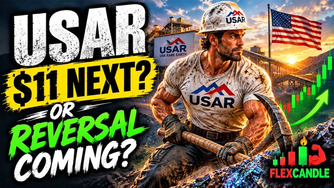 A bold YouTube thumbnail with text 'USAR $11 NEXT? OR REVERSAL COMING?' showing a muscular man in a USAR hard hat and shirt holding a pickaxe, alongside green candlestick price charts and an American flag.