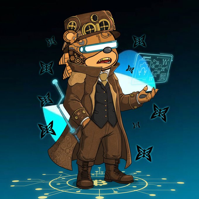 The image features a cartoon bear dressed up as a pirate, complete with a hat, coat, and boots. The bear stands out against a blue background adorned with black butterflies. The caption below the image reads "G $QUIP Spent time on quip vaults in testnet. Adds post quantum security to old wallets easily. No fund moves needed during tests. Compute part targets real optimization problems. Opens quantum access beyond big labs.", which seems to be a reference to Bitcoin and other cryptocurrencies.