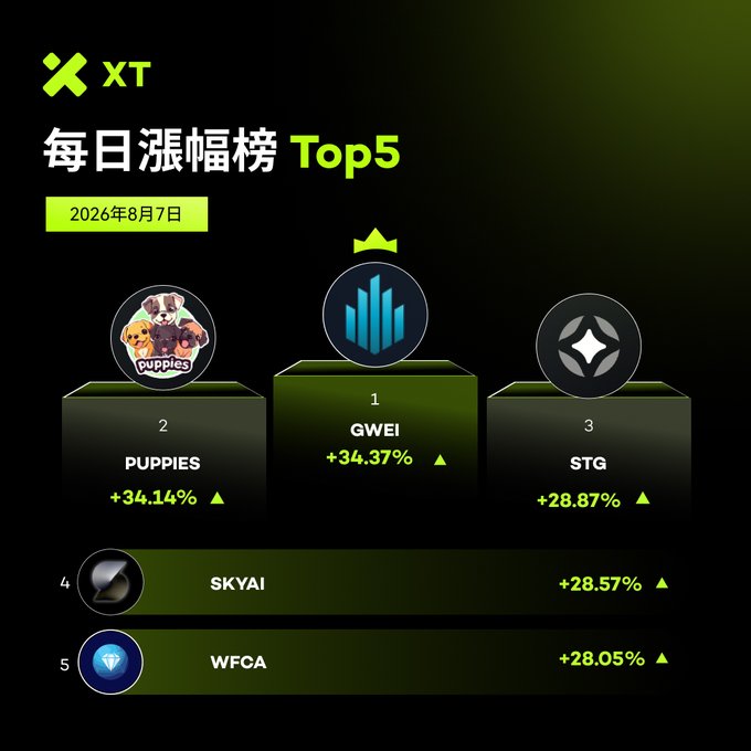 XT daily gainers Top 5 ranking for August 7, 2026, with GWEI at #1 (+34.37%), PUPPIES at #2 (+34.14%), STG at #3 (+28.87%), SKYAI at #4 (+28.57%), and WFCA at #5 (+28.05%).