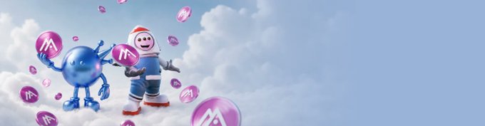 The image features a cartoon robot wearing a blue suit with white stripes and holding a pink balloon. The background of the image is filled with clouds, creating an atmosphere reminiscent of outer space or a futuristic setting. Below this scene, there's text that reads "Prove your identity. Power your Mind. To celebrate the AIR identity integration, we're dropping an exclusive Cognition Credits reward for the Moca community, from now until June 8, 2026". The robot and balloon are positioned in such a way that they appear to be floating or hovering above the clouds, adding a sense of wonder and excitement to the image.