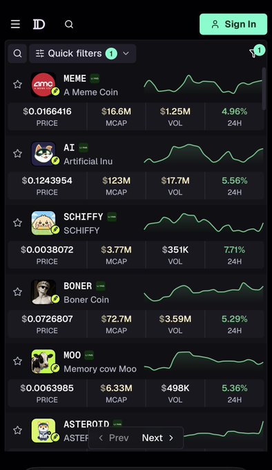 A mobile screenshot of a cryptocurrency tracking app displays meme coins including $MEME ($0.0166416, +4.96%), $AI ($0.1243954, +5.56%), $SCHIFFY, $BONER, $MOO, and $ASTEROTD, all showing positive 24-hour gains with green price charts. The image supports the bullish post sentiment about "HARD AND LONG" positions, as all visible tickers including the highlighted $MEME and $AI show upward momentum.