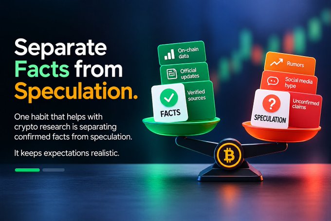 A promotional graphic titled 'Separate Facts from Speculation' with a balance scale weighing facts (on-chain data, official updates, verified sources) against speculation (rumors, social media hype, unconfirmed claims).