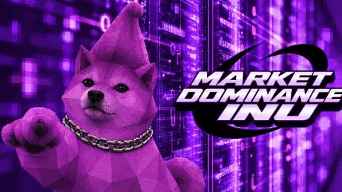 A 3D-rendered pink dog wearing a chain collar points forward against a purple digital matrix background with bold white text reading 'MARKET DOMINANCE INU'.