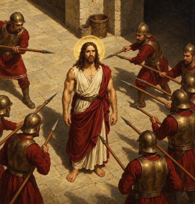 A classical painting depicting Jesus with a golden halo, surrounded by soldiers in red uniforms and helmets pointing spears at him in a courtyard setting.