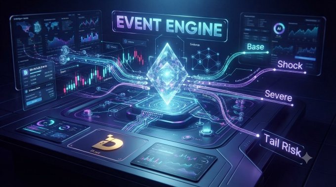 A futuristic digital dashboard titled "EVENT ENGINE" displays a glowing central crystal connected to data streams labeled "Base," "Shock," "Severe," and "Tail Risk," alongside a Bitcoin logo and various financial charts.