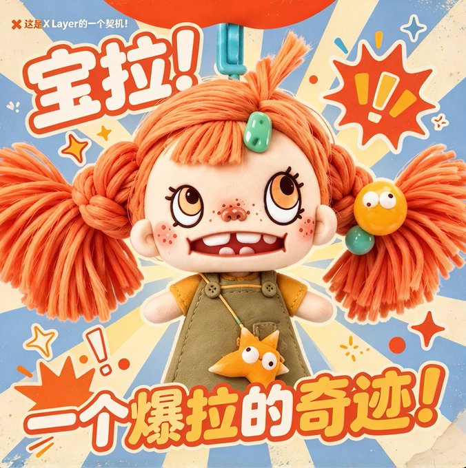 A vibrant promotional graphic featuring a cute claymation-style doll with orange yarn pigtails, freckles, and overalls, with Chinese text '宝拉!' and '一个爆拉的奇迹!' along with X Layer branding.