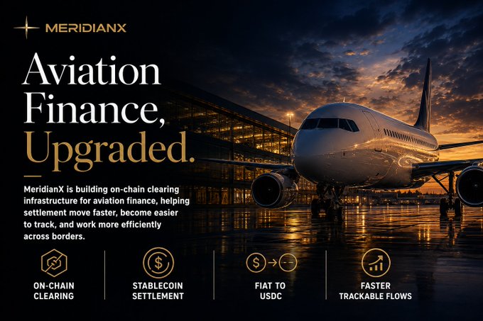 A MeridianX advertisement for "Aviation Finance, Upgraded," featuring a passenger jet at a terminal during sunset, with icons highlighting on-chain clearing, stablecoin settlement, fiat to USDC, and faster trackable flows.
