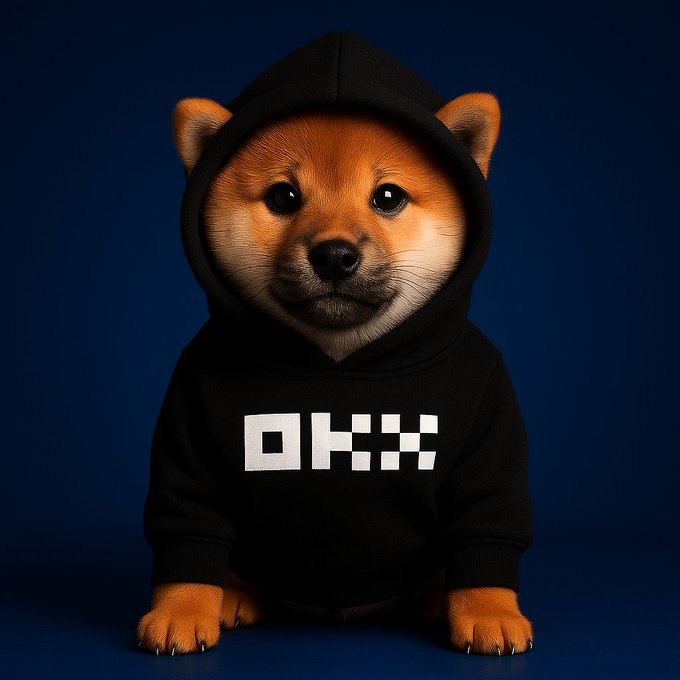 A Shiba Inu puppy wearing a black hoodie with the text 'OKX' printed in white on the front, posed against a dark blue background.
