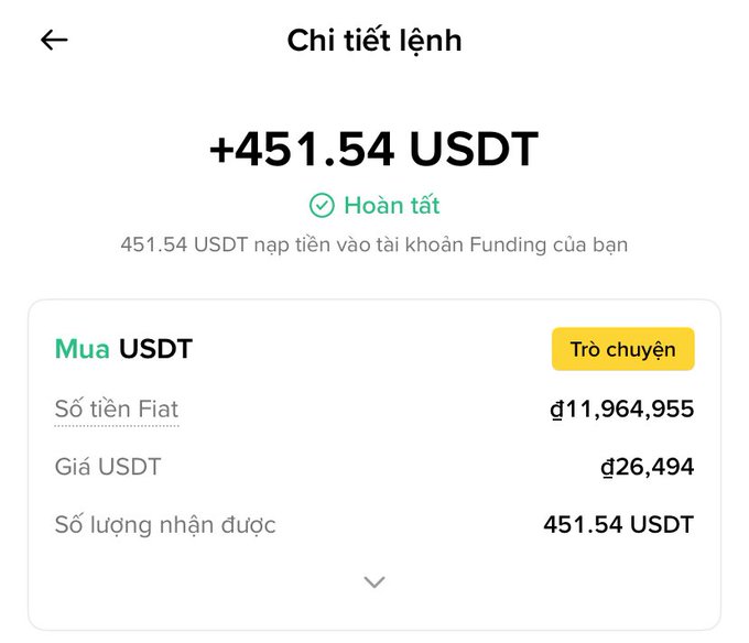 A Vietnamese-language Binance order details screen showing a completed deposit of +451.54 USDT to the Funding account, purchased at 26,494 ₫/USDT for 11,964,955 ₫.