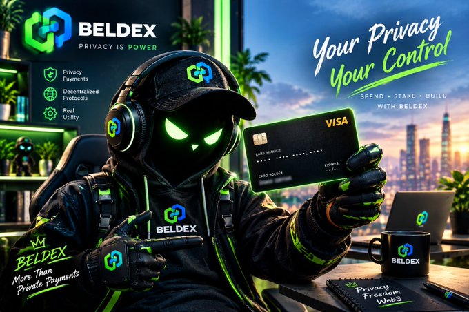 A promotional advertisement for BELDEX features a character in dark attire with glowing green eyes holding a Visa card, set against a city skyline with text including 'Your Privacy Your Control,' 'BELDEX More Than Private Payment,' and 'Privacy Freedom Web3.'