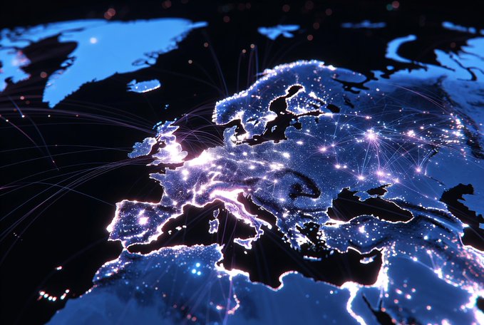 A glowing digital map of Europe with interconnected light trails illustrates the global network infrastructure behind QuipNetwork's live testnet, which now powers 500+ active nodes and 160 PFLOPS of compute across quantum-resistant systems. The luminous web of connections visually reinforces the post's message of widespread, secure, and decentralized participation.