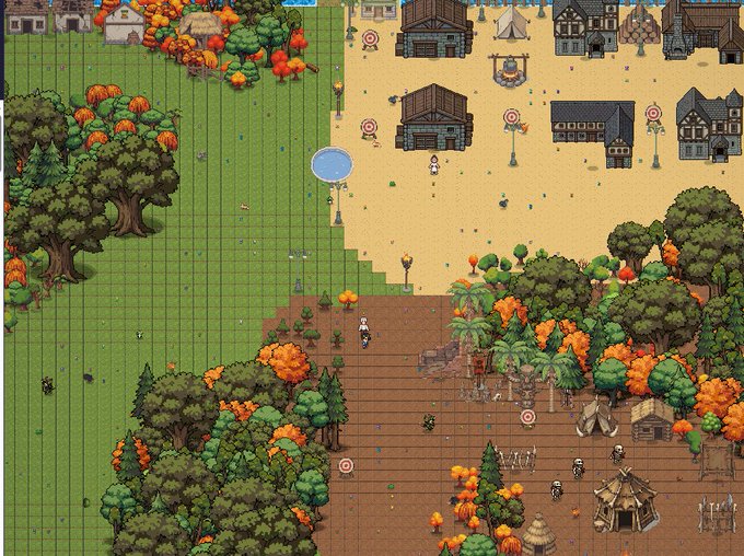 A top-down view of a 2D pixel art role-playing game showing various characters, buildings, trees, and different terrains.