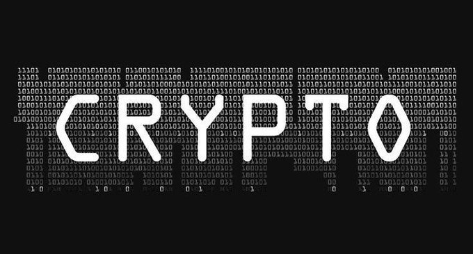 The word 'CRYPTO' written in large, handwritten white letters over a background of black binary code on a black background.