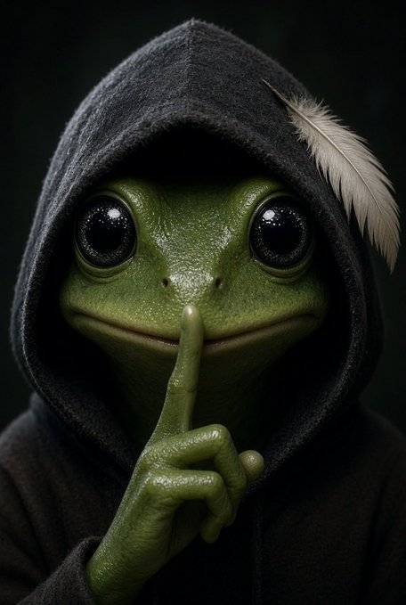 A green frog-like creature with large black eyes wears a dark hooded robe adorned with a white feather, holding a finger to its lips in a 'shh' gesture.