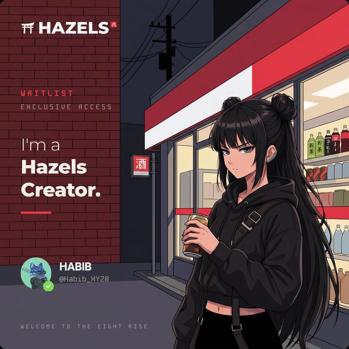 Anime-style illustration of a black-haired character holding a coffee cup outside a convenience store, with text promoting 'HAZELS' waitlist exclusive access by creator 'HABIB' (@Habib_MY28).