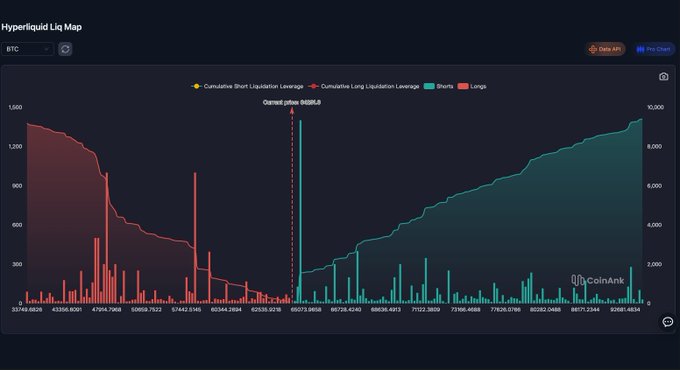 The image displays a Hyperliquid BTC Liquidation Map showing cumulative short and long liquidation leverage as red and teal area charts, with the current price marked near $65,273 between the "Openest price region." Short liquidations (red) dominate the lower price range from ~$35,000 to $65,000, while long liquidations (teal) cluster heavily above $65,000, extending past $91,000, with notable liquidation spikes visible at key price levels like $57,442 and $47,914.