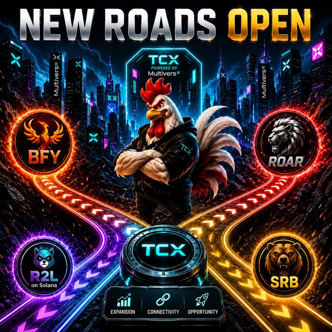 A promotional graphic reading "NEW ROADS OPEN" featuring a muscular rooster mascot for TCX (powered by MultiversX), surrounded by crypto token logos like BFY, R2L on Solana, ROAR, and SRB.