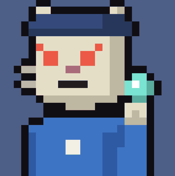 A pixel art image of a character with a police hat, red eyes, and a blue uniform, holding what appears to be a green diamond item.
