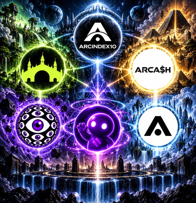 A vibrant cosmic digital artwork displays interconnected glowing orbs featuring logos including 'ARCINDEX10' at the top center, a green castle silhouette, 'ARCA$H', an eye-patterned orb, a purple character icon, and the 'Arc' logo, all linked by energy beams against a fantasy landscape with pyramids, castles, and waterfalls.
