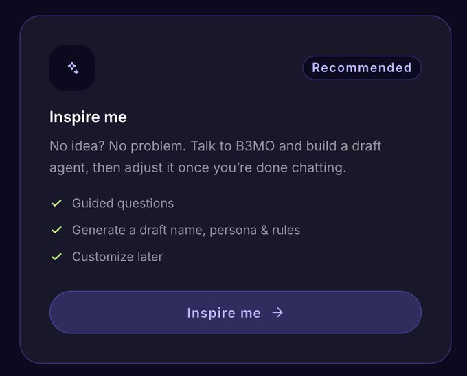 A dark-themed 'Inspire me' feature card with a 'Recommended' badge, offering to help users build a draft agent via guided questions, name/persona/rules generation, and customization, with an 'Inspire me →' call-to-action button.
