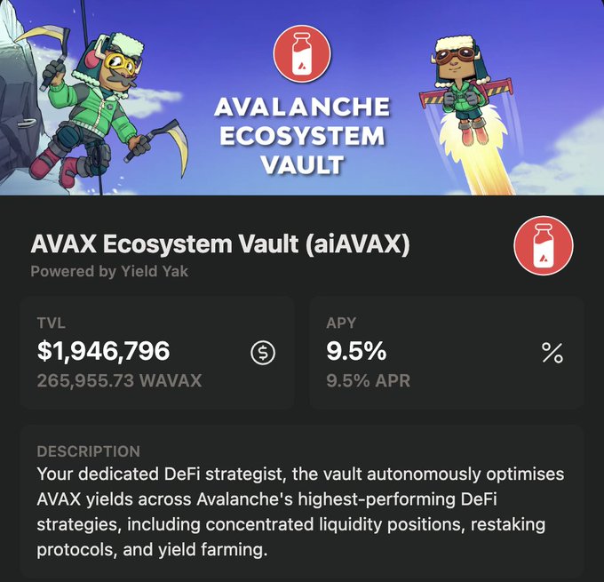 An 'AVALANCHE ECOSYSTEM VAULT' info card for 'AVAX Ecosystem Vault (aiAVAX)' by Yield Yak, showing a TVL of $1,946,796 and an APY of 9.5%.