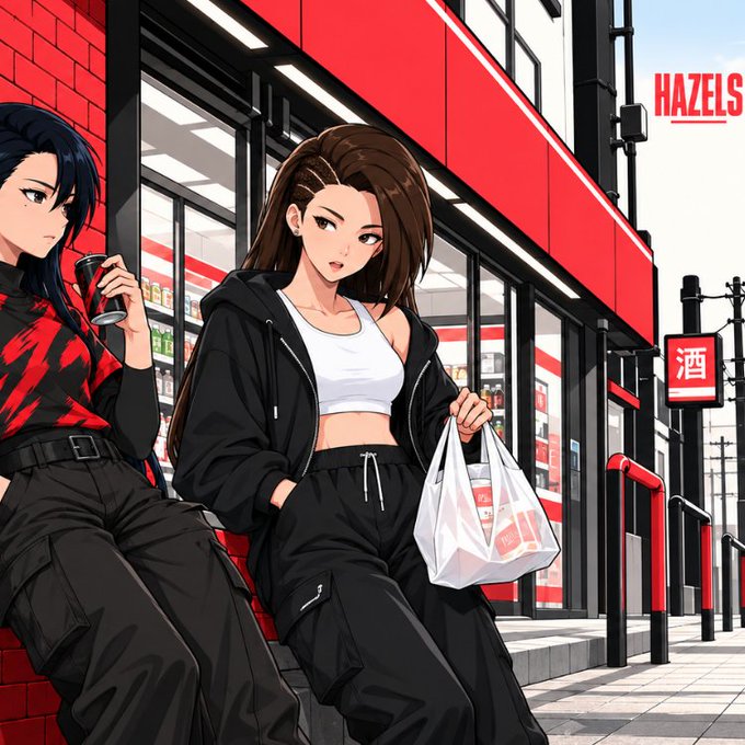 An anime-style illustration shows two women sitting outside a red-fronted store; one holds a drink can, the other carries a white shopping bag with items, and a sign reads "HAZELS" and "酒".