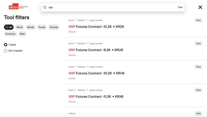 A screenshot of the Moscow Exchange (MOEX) search interface displaying "xrp" results, showing four XRP Futures Contracts (XRZ6, XRU6, XRV6, and XRX6) listed under the Urgent market category. The image supports the post's claim by providing visual evidence that MOEX has indeed added XRP futures trading products to its platform.