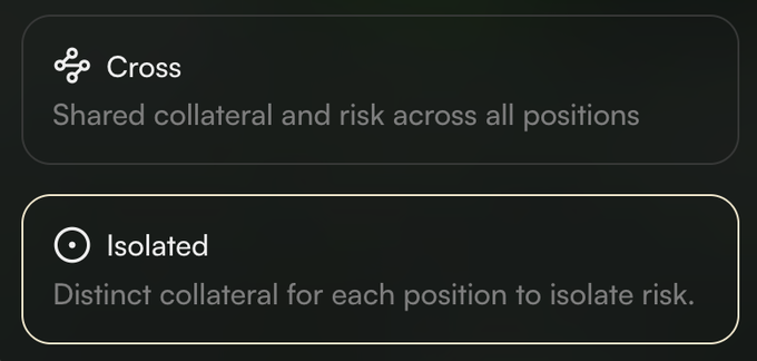 A UI selection menu displaying two margin mode options: "Cross" (Shared collateral and risk across all positions) and the currently selected "Isolated" (Distinct collateral for each position to isolate risk), reinforcing the "isolated margin maxxing" theme by highlighting the choice to contain risk per position.