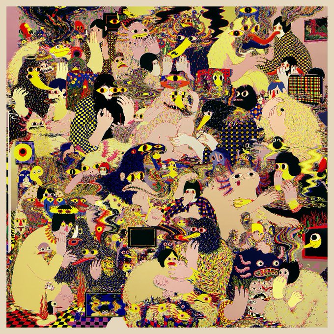 A densely packed, psychedelic illustration teeming with surreal monstrous creatures, distorted faces, and chaotic patterns in vivid colors fills the frame. The artwork's overwhelming visual chaos humorously echoes the post's prompt to "find the wrong things," inviting viewers to hunt for anomalies within the swarming figures.