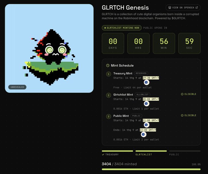 A screenshot of the 'GLRTCH Genesis' NFT minting page, showing a pixel art character, a countdown timer, and a Mint Schedule for Treasury, Glrtchlist, and Public mints, indicating 3404/3404 minted at 100.0%.