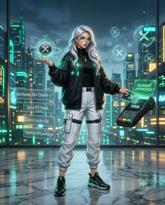 A futuristic digital illustration of a white-haired woman holding a credit card terminal displaying 'PAYMENT APPROVED' and 'VISA', surrounded by XRP cryptocurrency logos and text features including 'Verifiable On-Chain', 'Zero FX Fees', 'Zero Lock-Up', and 'Spend Anywhere'.