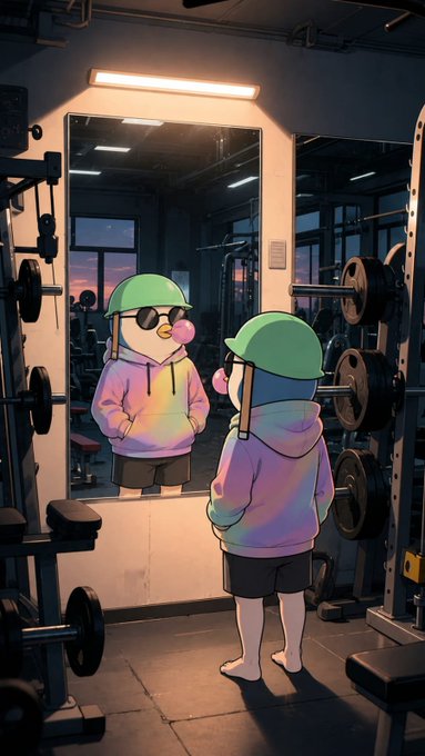 An illustrated character wearing a helmet and colorful hoodie looking at their reflection in a gym mirror.