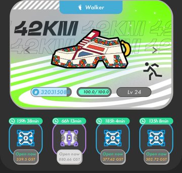 A StepN app interface showing a 'Walker' sneaker NFT at Lv 24 with 42KM and four mystery box reward slots available to open.